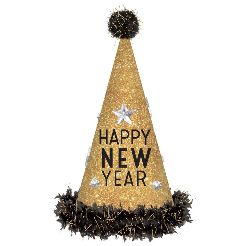 Black & Gold New Year Tall Cone Party Hats Pack of 12