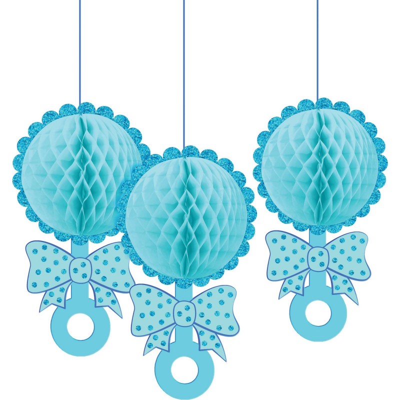 Blue Baby Shower Glittered Rattles Hanging Decorations 3pk