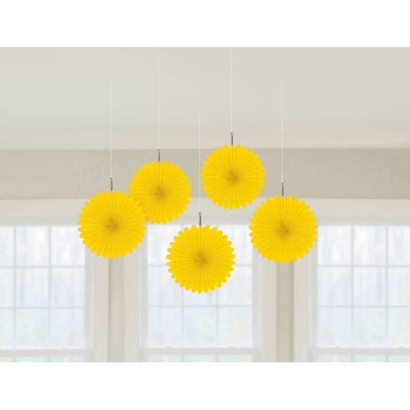 Yellow Mini Fan Hanging Decorations 15cm 5 pk - NFS Party