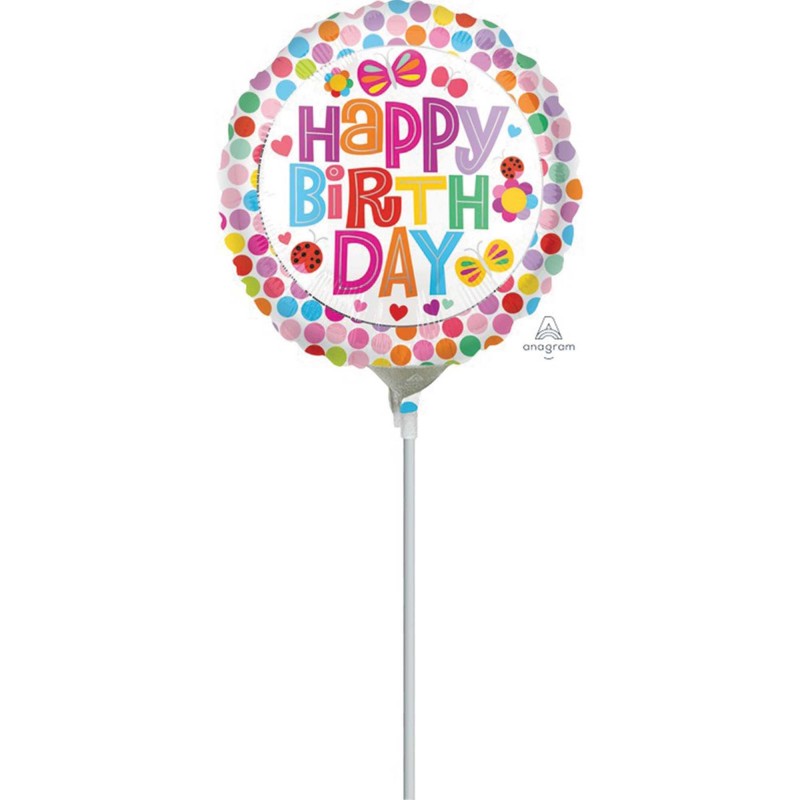 Happy Birthday Flowers Butterflies & Dots Round Foil Balloon 10cm