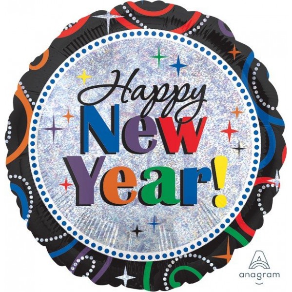 Happy New Year! Holographic Cheers Round Foil Balloon 45cm