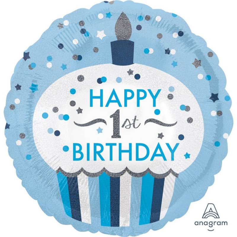 Round Boy's 1st Birthday Standard HX Cupcake Happy 1st Birthday Foil Balloon 45cm