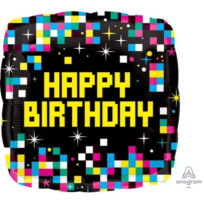 Square Happy Birthday Pixels ColorBlast XL Shaped Balloon 53cm