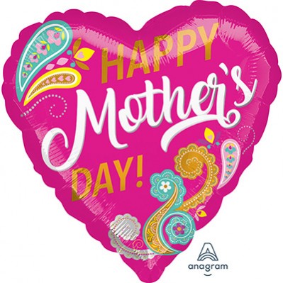 Mother's Day Foil Balloons 45cm Bright Pink Paisley Swirls Happy Mother's Day! Heart