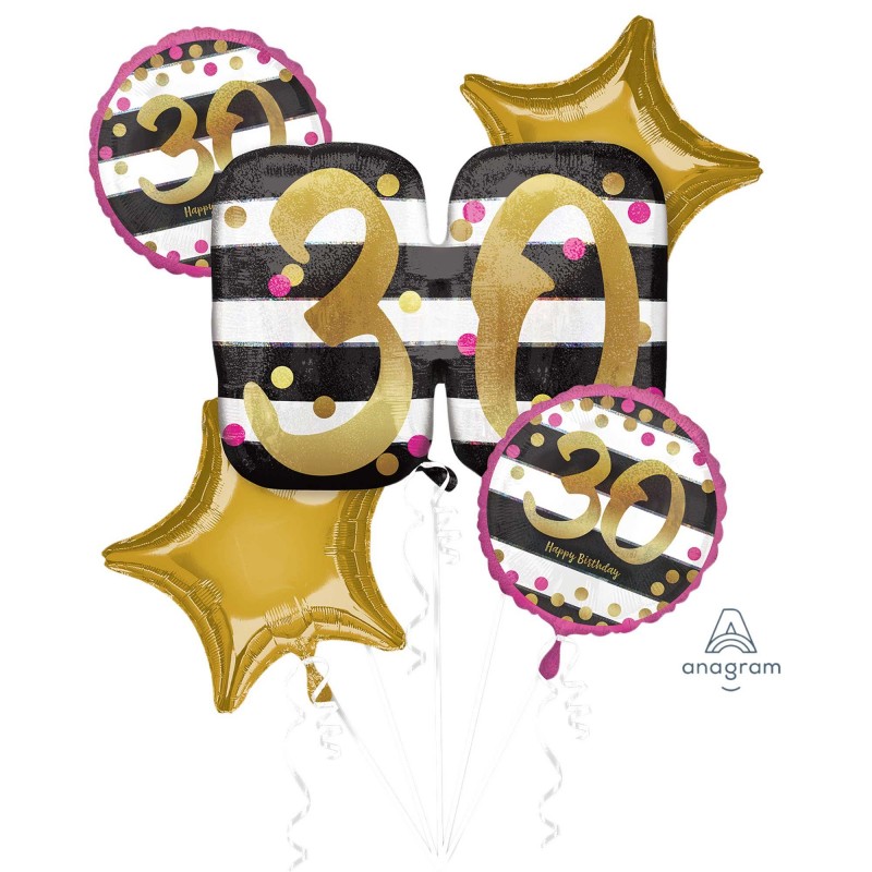 30th Birthday Pink & Gold Milestone Bouquet Foil Balloons Pack of 5