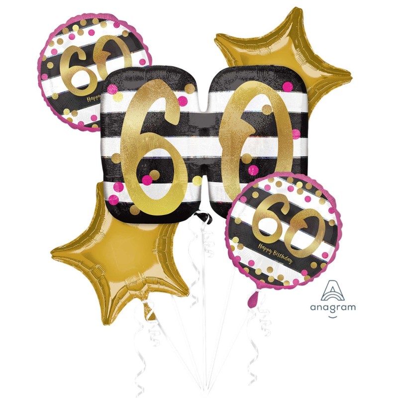 60th Birthday Pink & Gold Milestone Bouquet Foil Balloons Pack of 5