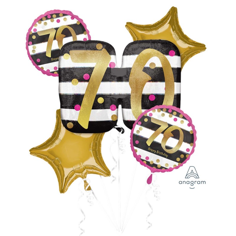 70th Birthday Pink & Gold Milestone Bouquet Foil Balloons 5 pk
