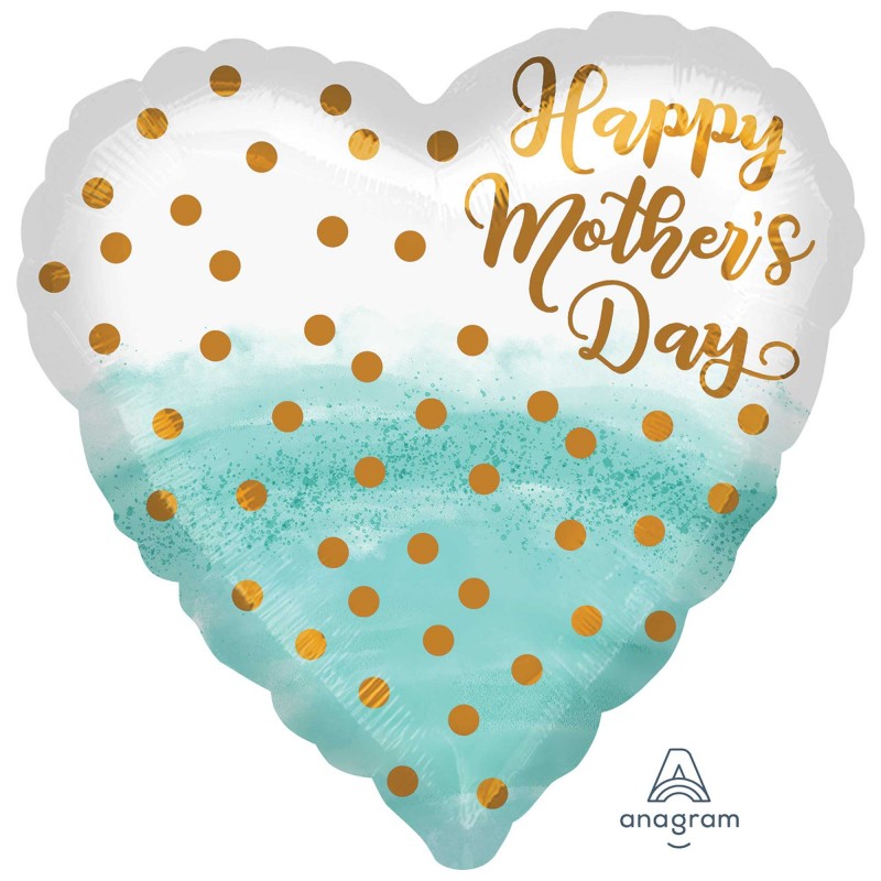 Happy Mother's Day Watercolour & Gold Dots Heart Shaped Balloon 45cm