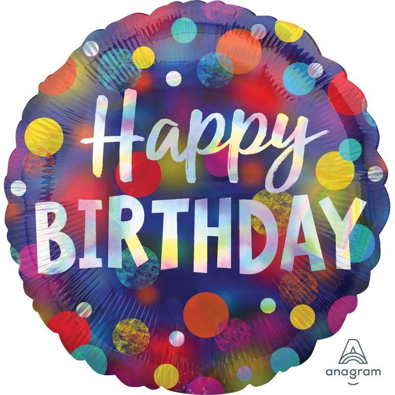 Round Standard Holographic Iridescent Dots Happy Birthday to you! Foil Balloon 45cm