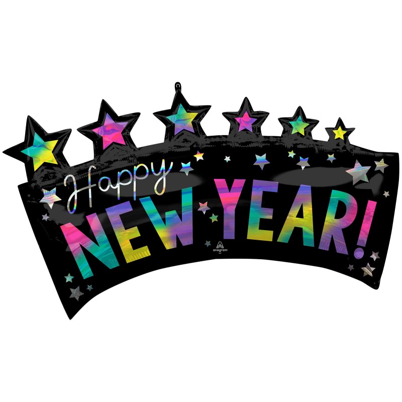 Iridescent Happy New Year! Holographic Star Banner Shaped Balloon 86cm x 48cm