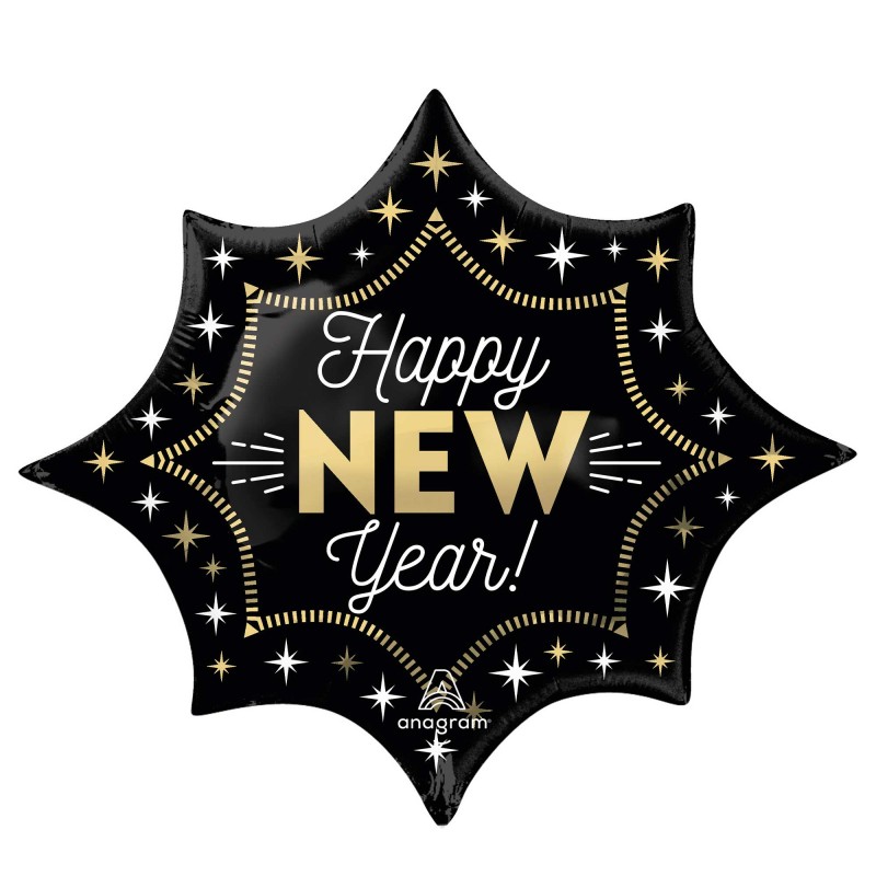 Happy New Year! Midnight Glam Burst Star Shaped Balloon 88cm x 73cm Happy New Year! Midnight Glam Burst Star Shaped Balloon 88cm x 73cm