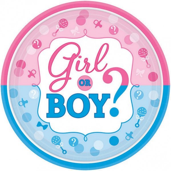 Gender Reveal Girl or Boy? Round Lunch Plates 17cm 8 pk Gender Reveal Girl or Boy? Round Lunch Plates 17cm 8 pk