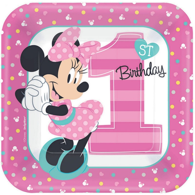 Square Minnie Mouse 1st Birthday Fun To Be One Lunch Plates 17cm Pack of 8