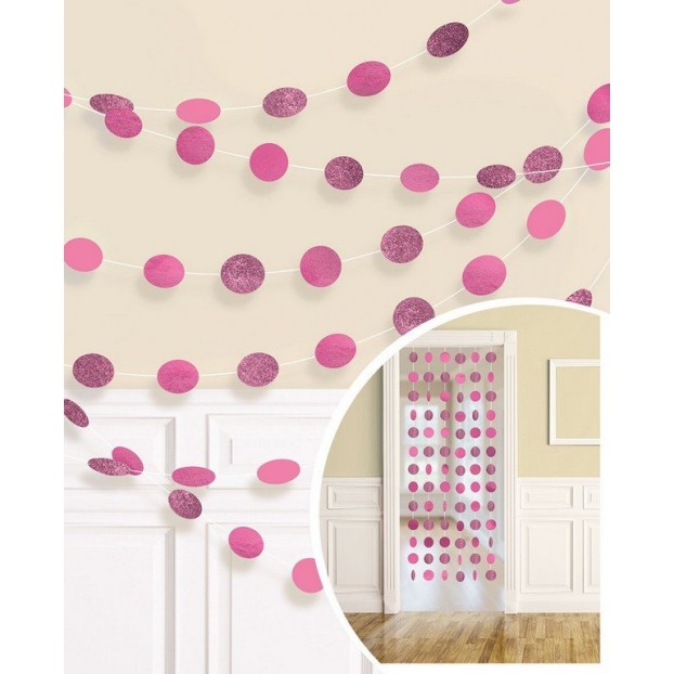Bright Pink Glitter Round String Hanging Decorations 2.1m 6 pk