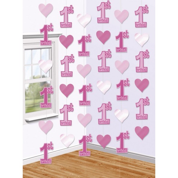 Girl's 1st Birthday Hanging Decorations 2.1m String 1st Birthday Pack of 6