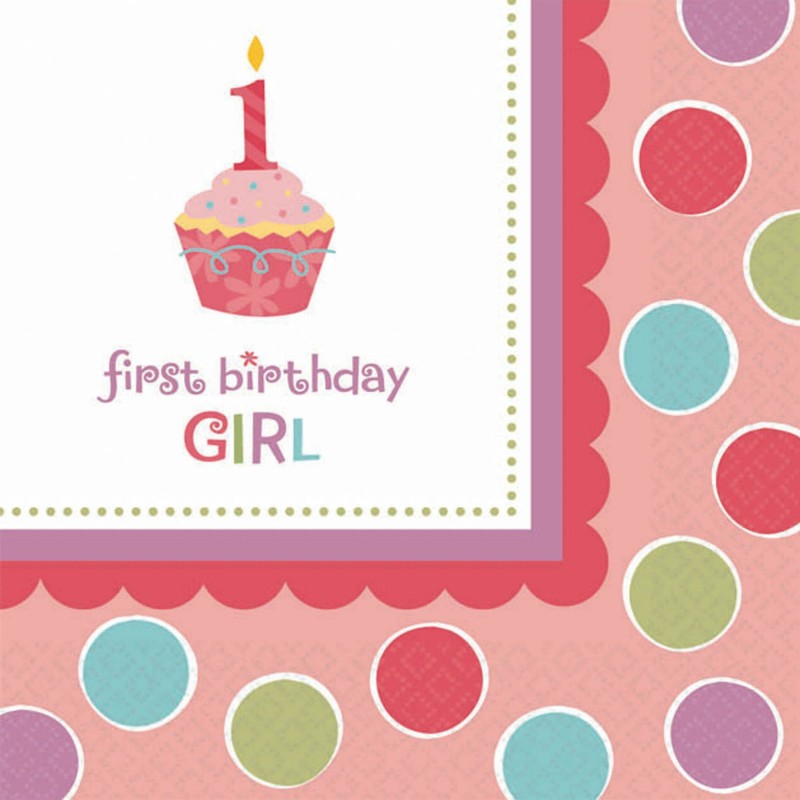 Sweet Cupcake 1st Birthday Girl First Birthday Girl Beverage Napkins 25cm x 25cm Pack of 36