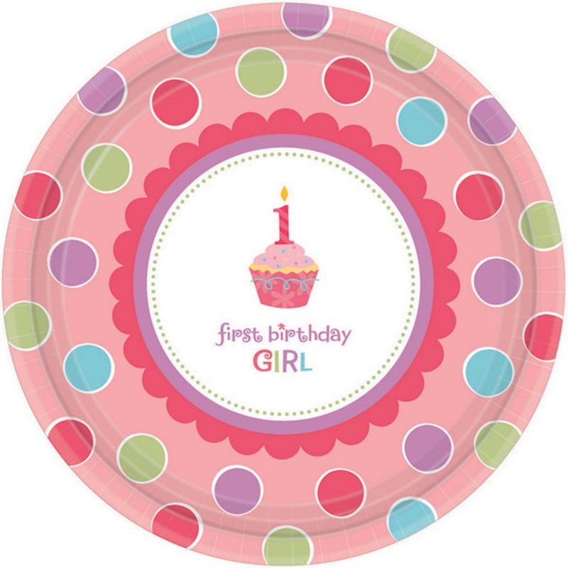 Round Sweet Cupcake 1st Birthday Girl Paper First Birthday Girl Banquet Plates 26cm Pack of 18