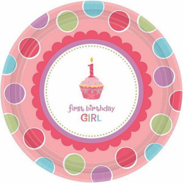 Round Sweet Cupcake 1st Birthday Girl Paper First Birthday Girl Lunch Plates 17cm Pack of 18