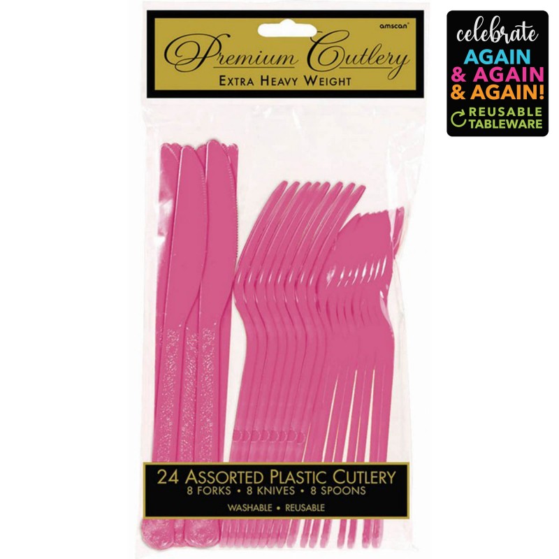 Bright Pink Premium Extra Heavy Weight Cutlery Set 24 pk
