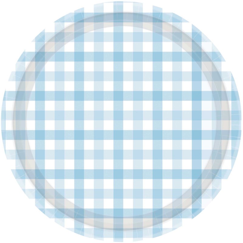 Gingham Pastel Blue Dinner Plates 23cm 8 pk - NFS Party