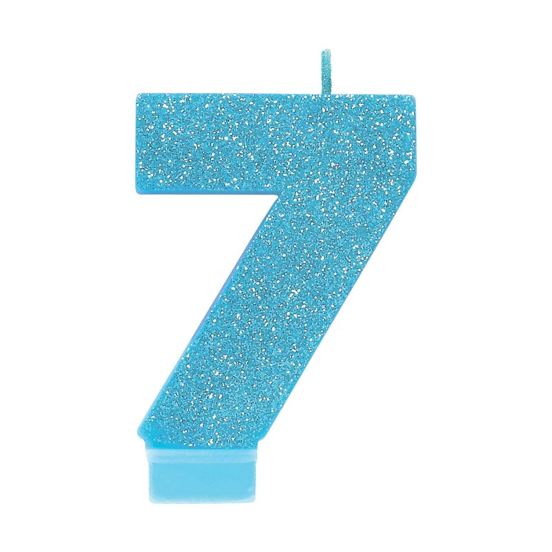 Number 7 Party Supplies - Candle Blue Glitter 8cm - NFS Party