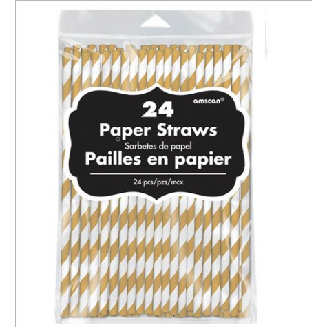 Stripes Gold & White Straws 19cm 24 pk