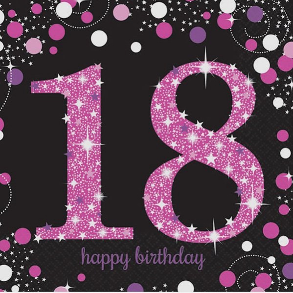 18th Birthday Pink Celebration Lunch Napkins 33cm x 33cm 16 pk - NFS Party