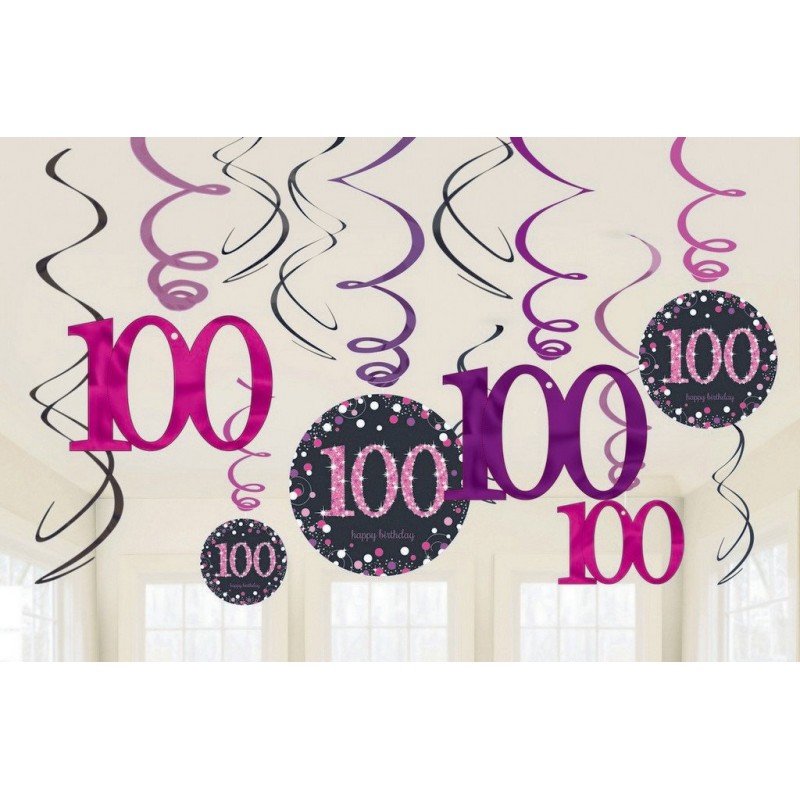 100th Birthday Pink Celebration Swirl Hanging Decorations 12 pk