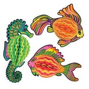 Multi Coloured Hawaiian Fish or Seahorse Honeycomb Hanging Decoration 25cm x 45cm