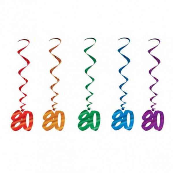 Multi Coloured 80th Birthday Whirls Hanging Decorations 91cm Pack of 5