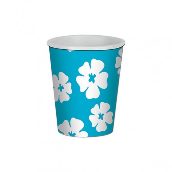 Green & White, Blue & White Hawaiian Hibiscus Luau Paper Cups 266ml Pack of 8