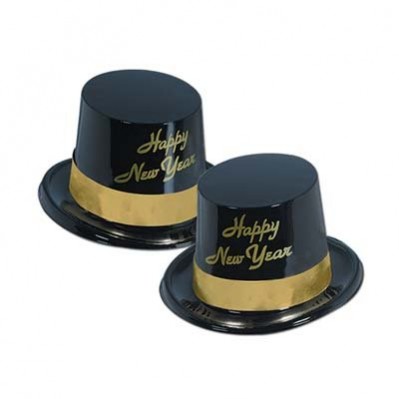 Black & Gold Legacy Plastic Top Hat Happy New Year Party Hat One Size Fits Most