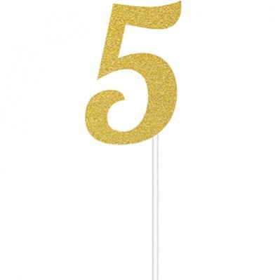 Number 5 Party Supplies - Cake Topper Glittered Gold 15cm x 5cm
