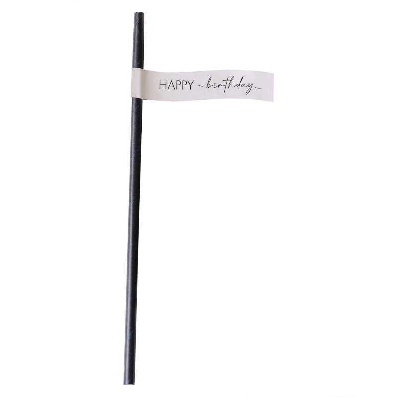 Champagne Noir Nude & Black Happy Birthday Straws 20cm 16 pk - NFS Party
