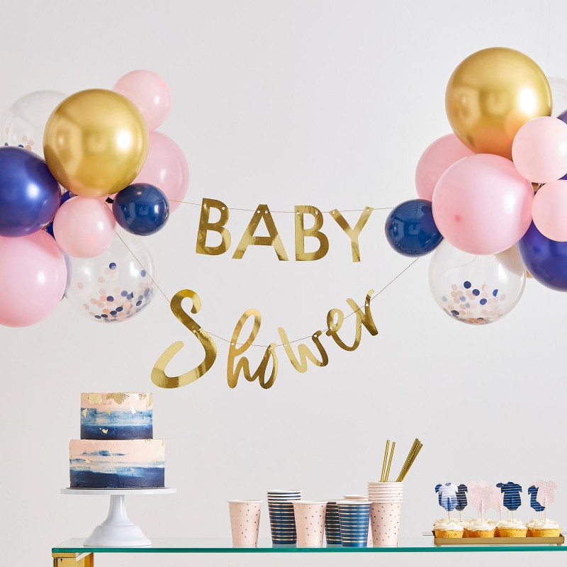 Gender Reveal Gold Foiled Pink & Navy Baby Shower Bunting Banner