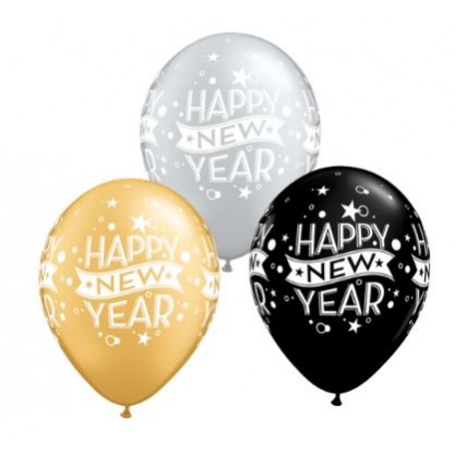 New Year Latex Balloons 28cm Gold, Silver & Black Pack of 50