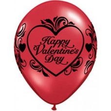 Valentine's Day Latex Balloons 28cm Ruby Red Filigree with Black Ink Pack of 10