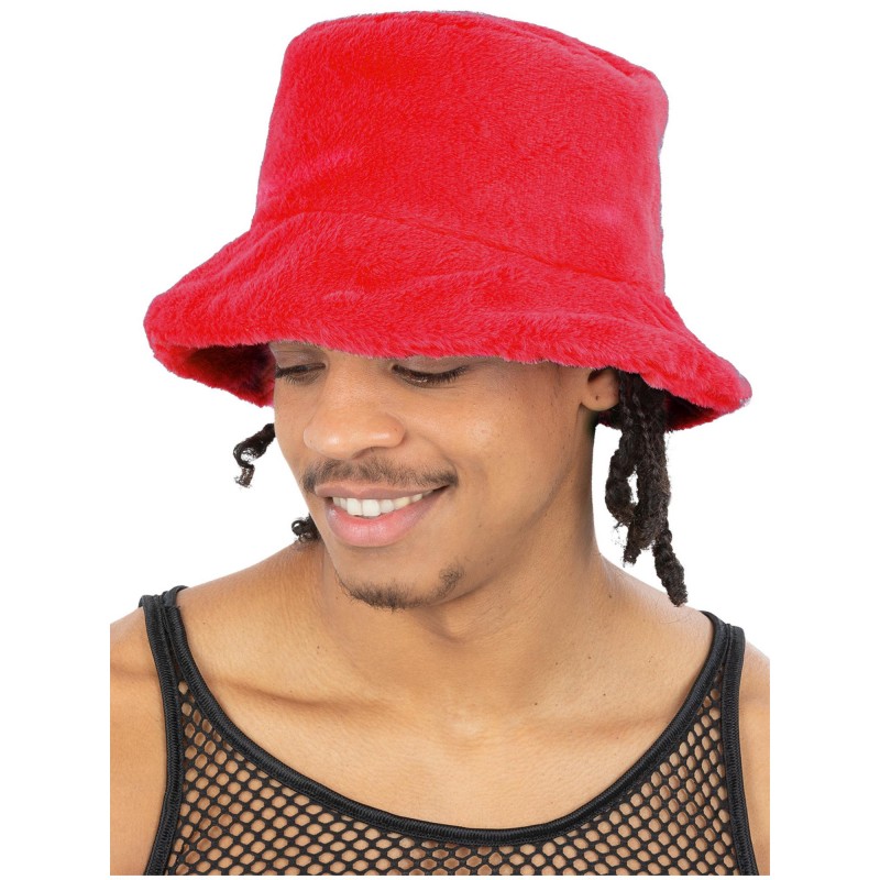 90s Red Fur Bucket Hat for Adult