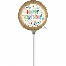 Gold Happy Birthday Satin Marquee Dots Round Foil Balloon 10cm