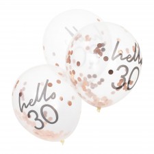 30th Birthday Mix It Up Rose Gold Hello 30 Confetti Filled Latex Balloons 30cm 5 pk