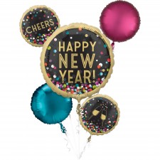 Happy New Year! Colourful Confetti Cheers Bouquet Foil Balloons 5 pk
