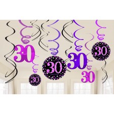 30th Birthday Pink Celebration Swirl Hanging Decorations 12 pk