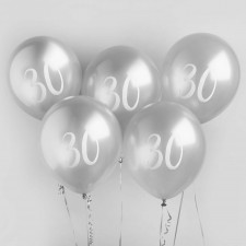 30th Birthday Silver Metallic Mix Up Latex Balloons 30cm 5 pk
