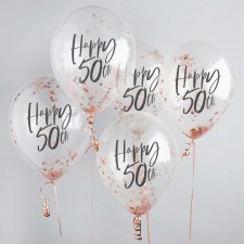 Rose Gold 'Happy 50th Birthday' Metallic Mix Up Latex Balloons 30cm 5 pk