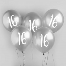 16th Birthday Silver Metallic Mix Up Latex Balloons 30cm 5 pk