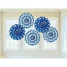 Bright Royal Blue & White Dots & Stripes Printed Paper Fan Hanging Decorations 20.3cm Pack of 5