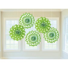 Kiwi Green & White Dots & Stripes Printed Paper Fan Hanging Decorations 20.3cm Pack of 5