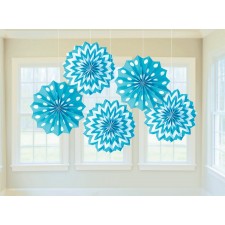 Caribbean Blue & White Dots & Stripes Printed Paper Fan Hanging Decorations 20.3cm Pack of 5