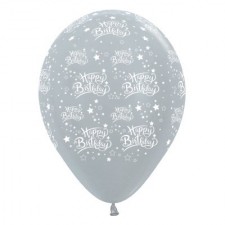Teardrop Satin Pearl Silver Happy Birthday Stars Latex Balloons 30cm Pack of 6