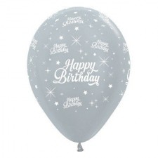 Teardrop Satin Pearl Silver Happy Birthday Twinkling Stars Latex Balloons 30cm Pack of 25
